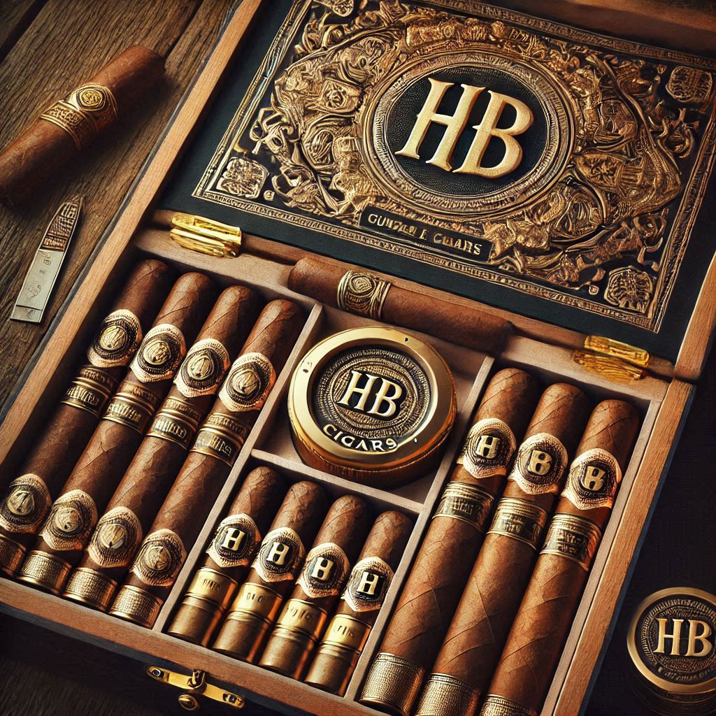 uma caixa de charutos aberta com o selo HB dourado nos charutos.png